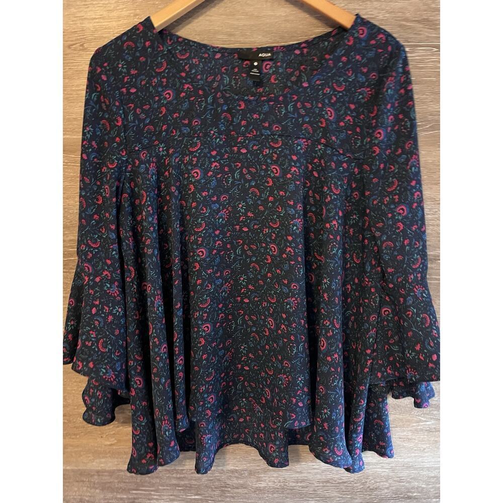 Aqua floral blouse asymmetrical size Medium Top Long Flare Bell Sleeves